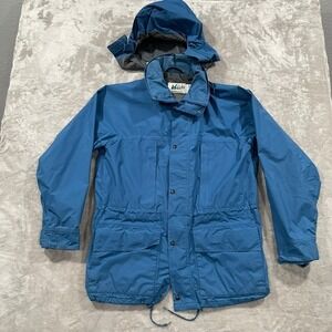 Vintage REI Jacket Mens Large Blue Goretex Waterproof Rain Hiking Full Zip Hood
